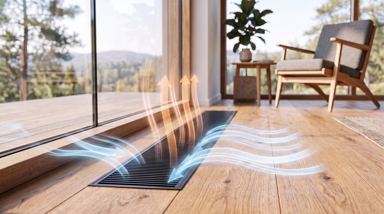 Illustration of air flow from an Elsymco floor convector – warm air rising, cool air drawn in